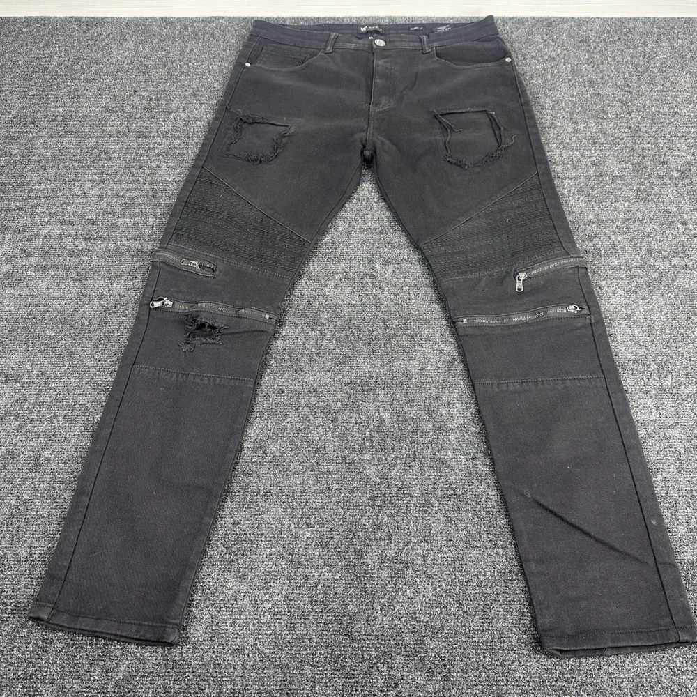 Waimea Mens Skinny Fit‎ Jeans Black Faded Knee Zipper Denim Pants Size 36